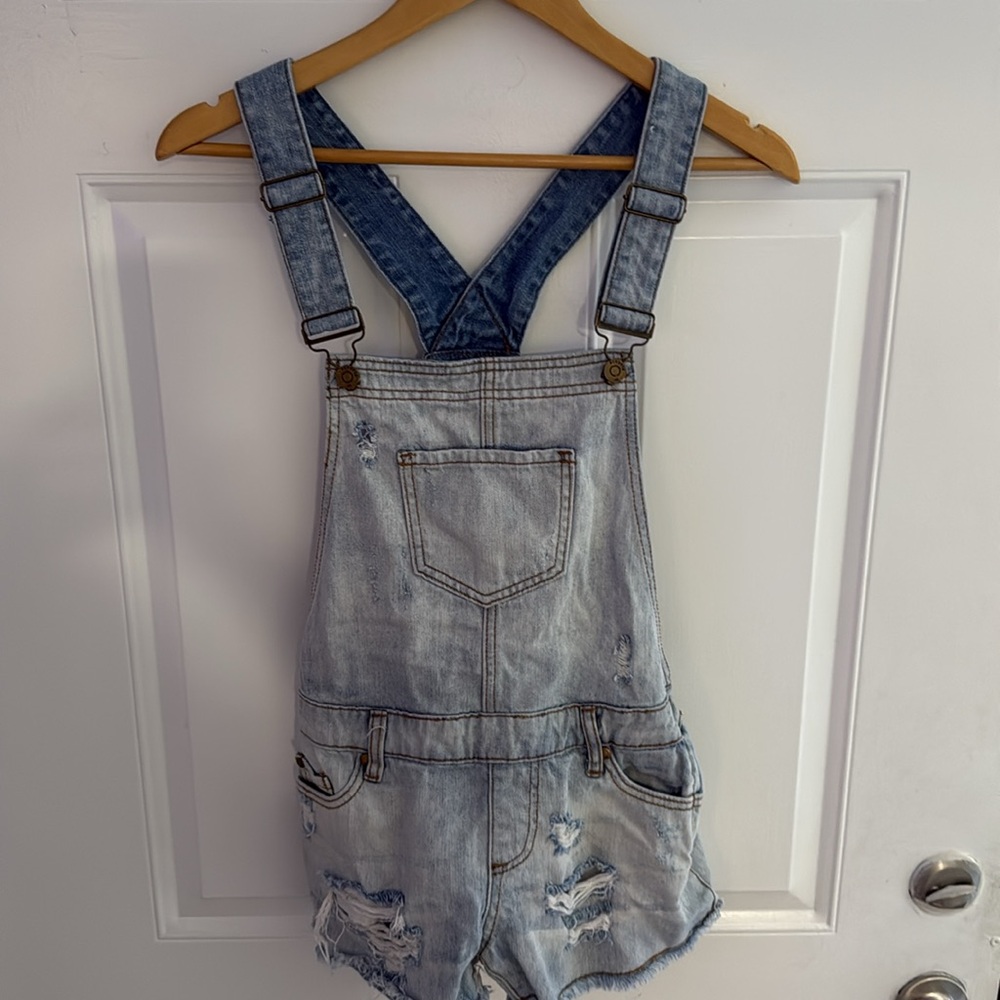 Pistola Denim Cross-Back Distressed Overall Romper Shorts